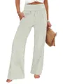 Women's vertical striped high waist smocked trousers with a loose straight-leg fit. - S / Bottoms / Light Green