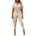 Short-sleeved utility jumpsuit for women in a neutral beige with an adjustable belt - S / Set / Beige