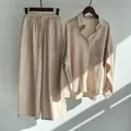 Women's two-piece cotton linen set featuring long-sleeve shirt and wide-leg trousers - S / Top And Bottom / Apricot