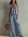 Französisches hellblaues zweiteiliges Set mit Camisole-Top und Weitbein-Hose - Hellblau