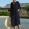 Detailed view of the navy blue cotton linen dress featuring button neckline and pockets - S / Dresses / Black