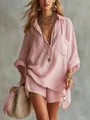 Elegante completo rosa in cotone e lino camicia e pantaloncini da donna per l'estate - Rosa