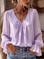 Detail of elegant lavender V-neck blouse with pleated ruffles on cuffs - S / Tops / Light Purple