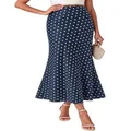 Detailed view of elegant high waist navy blue polka dot mermaid midi skirt for summer - S / Bottoms / Blue