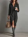 Casual dark grey corduroy long sleeve shirt dress with lapel collar and buttons - Dark Gray