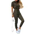 Chic dark olive green short sleeve utility jumpsuit featuring button-up front and waist tie - S / Set / Army Green