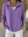 Macro view of purple zippered knit cardigan sweater with stylish polo collar for women - Purple