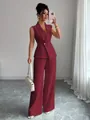 Elegantes weinrotes Set aus ärmelloser Weste und passender Hose mit weitem Bein für Damen - S / Oberteil Und Unterteil / Burgunderrot