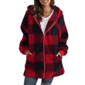 Cozy red and black buffalo plaid fleece hoodie with a front zipper and side pockets - S / Tops / Red