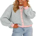 Detailed view of women striped knitted cardigan with pink trim and loose fit design - S / Tops / Gray