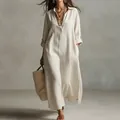 Retro beige long sleeve linen shirt maxi dress in loose oversized casual silhouette - S / Dresses / Milky White