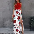 Detail view of a sexy red one-shoulder maxi dress with floral print and high leg slit - Red Flower