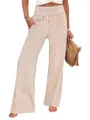 Detailed view of casual women's striped wide-leg trousers featuring a smocked high waist design - S / Bottoms / Apricot