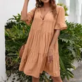Casual loose V-neck apricot tiered midi dress with short sleeves for women in summer - S / Dresses / Orange