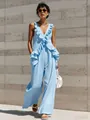 Light blue sleeveless V-neck jumpsuit with elegant ruffles, crafted from cotton linen fabric - S / Set / Sky Blue