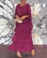 Elegant plum chiffon maxi dress featuring a tiered skirt design and batwing sleeves - S / Dresses / Dark Red
