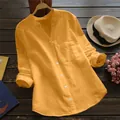 Camicia da donna casual in cotone e lino giallo senape con maniche lunghe e bottoni - 4XL / Top / Giallo