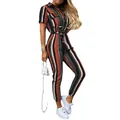 Women's chic vertical striped short sleeve jumpsuit with lapel collar and waist belt - S / Set / Colorful
