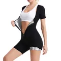 Women's short sleeve sauna suit bodysuit with silver heat-trapping lining for fitness. - S / Jumpsuits / Black (Silver Lining)