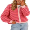 Detailed view of women's pink and red striped knitted cardigan with stylish buttons - Red