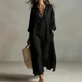 Elegant black loose-fit vintage long-sleeve shirt maxi dress for women in casual style - S / Dresses / Black