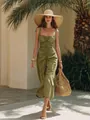 Elegante Franse resortstijl camisole maxi-jurk met rimpeling in olijfgroene kleur - Legergroen