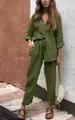 Elegant 2-delig linnen set voor dames in legergroen met overhemd en broek met hoge taille - S / Boven- En Onderstuk / Legergroen