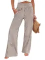 Close-up of striped high-waisted wide-leg pants with smocked waistband. - S / Bottoms / Tan