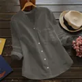Elegante camicia casual in cotone e lino grigio scuro per donna in stile retrò europeo - 4XL / Top / Grigio