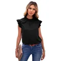 Haut sans manches noir uni élégant avec col à volants et manches papillon chic - Noir