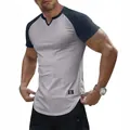 Men's slim fit grey and black raglan sleeve t-shirt with ribbed texture and V-neck design - XL / Tops / Light Grey/Navy Sleeves