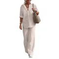 Elegant casual women's two-piece linen set with long-sleeved lapel shirt and wide-leg pants - S / Top And Bottom / Light Brown