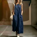 Elegant navy blue sleeveless maxi dress with large front pockets for a minimalist summer look - S / Dresses / Navy Blue