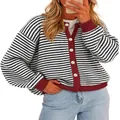 Close-up detail of striped knit cardigan featuring contrast burgundy button placket and cuffs - S / Tops / Black