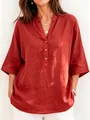 Detail of women's breathable V-neck linen shirt with medium sleeves in terracotta red - S / Tops / Red