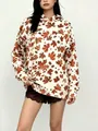 Detailed macro view of a vintage loose women's hoodie featuring autumn maple leaf prints. - S / Tops / Rainbow
