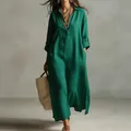 Vintage emerald green loose long-sleeve shirt collar maxi dress for casual wear - S / Dresses / Dark Green