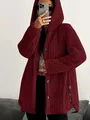 Cozy wine red women's hooded plush jacket featuring button closure and long sleeves - 3XL / Tops / Burgundy