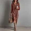 Elegant brown corduroy shirt dress with long sleeves and buttons for a chic autumn look. - Red Brown