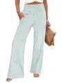 Women's vertical striped high waist wide leg pants with smocked elastic waistband - S / Bottoms / Light Green