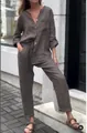 Casual grijs linnen set voor dames met overhemd en losse broek met hoge taille - XL / Boven- En Onderstuk / donkergrijs