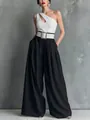Full outfit detail showing elegant white one-shoulder top and high-waist black wide trousers - S / Bottoms / Black