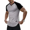 Men's slim fit ribbed raglan short sleeve t-shirt with v-neck and curved hem - M / Tops / Light Grey/Black Sleeves