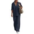 Elegant navy blue two-piece set with long-sleeved shirt and wide-leg trousers. - S / Top And Bottom / Dark Blue