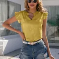 Elegant yellow satin V-neck blouse with ruffle sleeves shown on a fashion model - S / Tops / Yellow