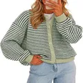 Detail showing the green striped knit texture and round neck design of the cardigan - S / Tops / Green