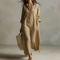 Elegant khaki linen-look maxi shirt dress for a chic retro style - S / Dresses / Khaki