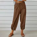 Casual bruine katoen-linnen broek met hoge taille en knoopdetail aan de zoom - Bruin