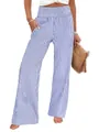 Close-up of elegant blue and white vertical striped leisure trousers with smocked high waist - S / Bottoms / Blue