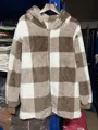 Brown and white checkered fuzzy fleece hooded jacket with zip closure and pockets - 3XL / Tops / Brown and White